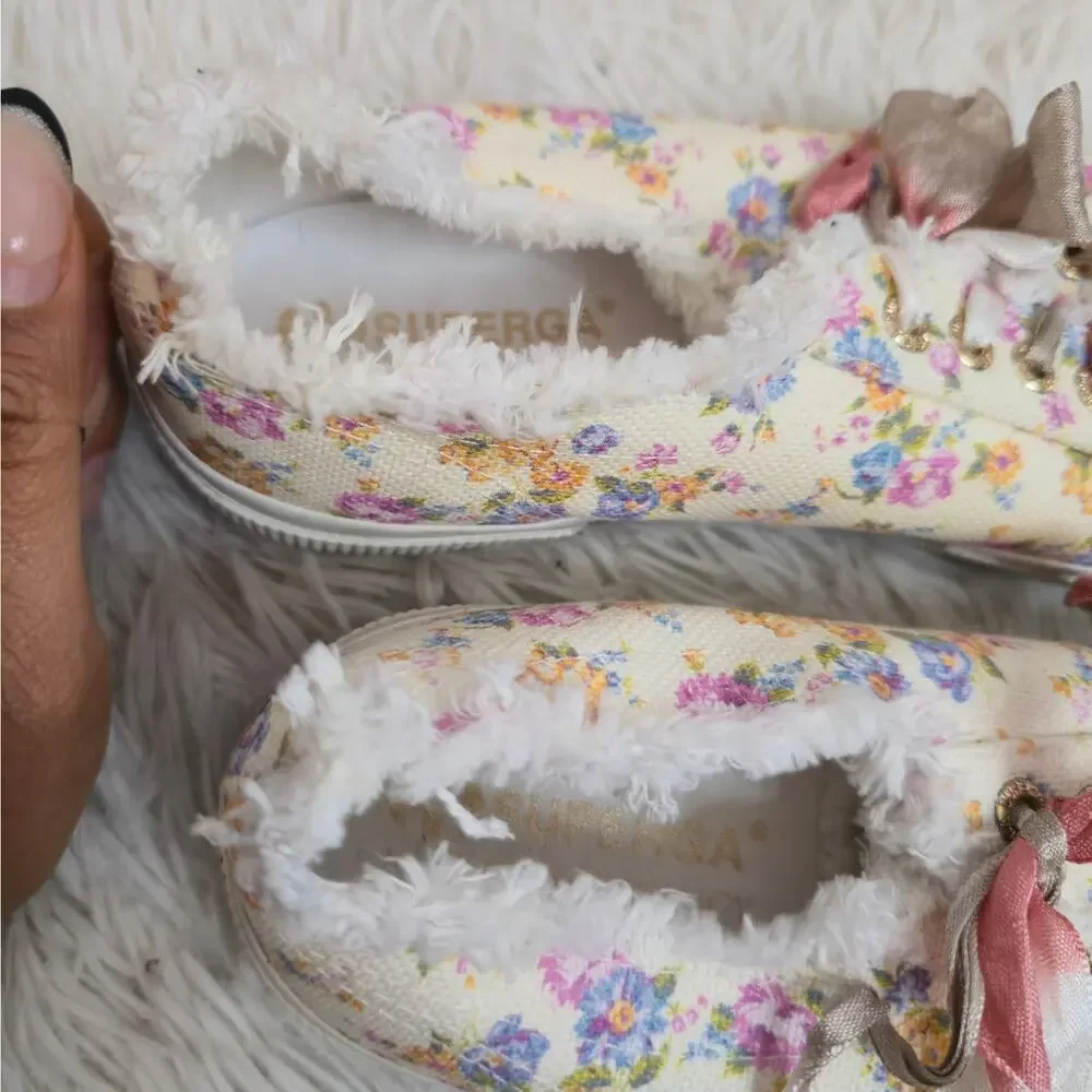 Superga X LoveShackFancy Cream Floral Coquette Canvas Fringe Sneakers